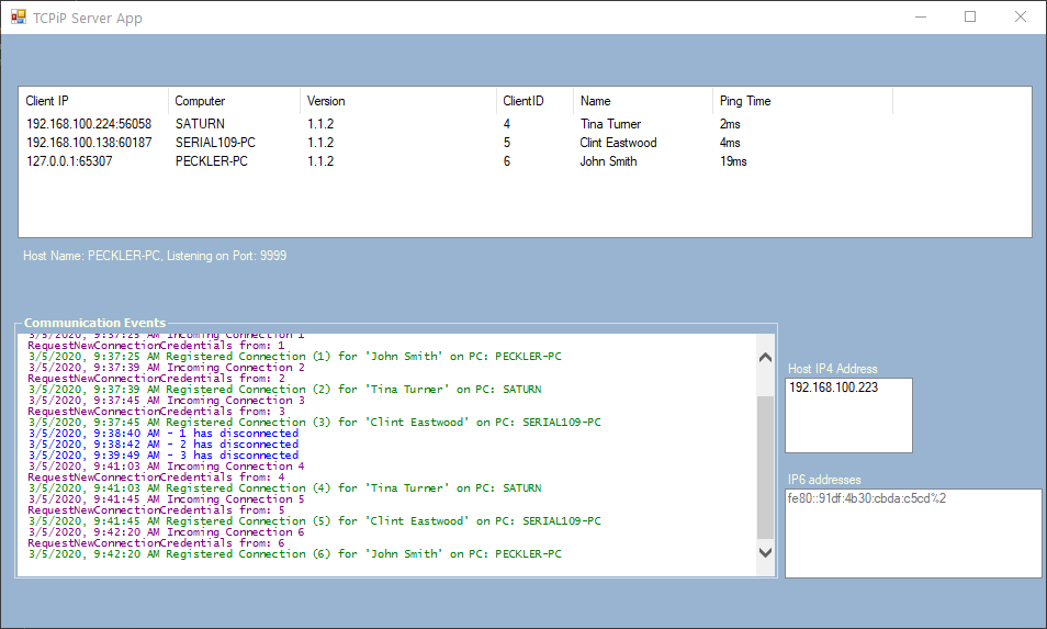 TCPIPServer application showing connected clients and event log