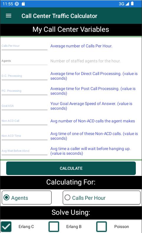 Erlang Call Center Traffic Calculator